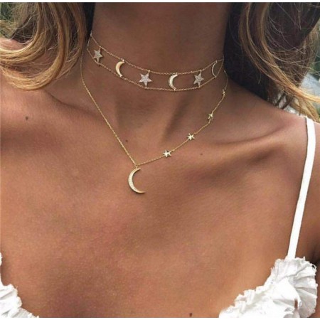 Festival Gold Moon & Stars Multi-Layer Necklace