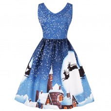 Snow Print Blue Vintage Christmas Dress