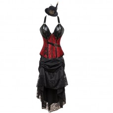 Red Steampunk Faux Leather Corset & Lace Skirt Set