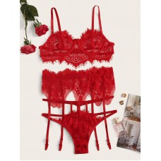 Fifi Floral Red Lace Underwire Garter Lingerie Set & Choker