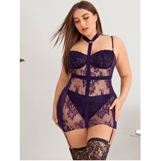 Midnite Floral Lace Teddy With Choker Plus Size
