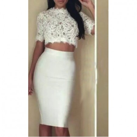 Naomi Calf Length High Waisted Bandage Skirt - White