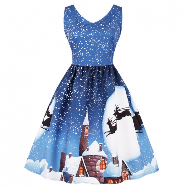 Snow Print Blue Vintage Christmas Dress