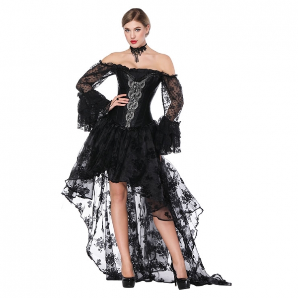 Gothic Scalloped Brocade Corset & Hi Lo Lace Skirt Set