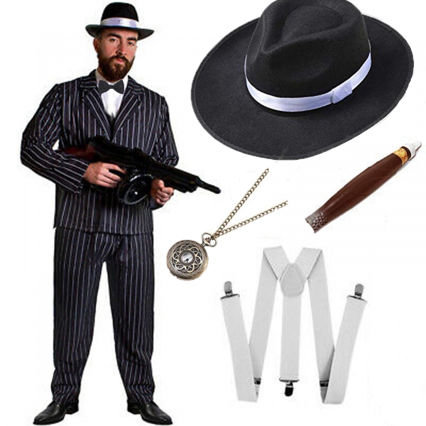 1920's Gangster Kit Accessory Hat Bowtie Braces Cigar Watch Black
