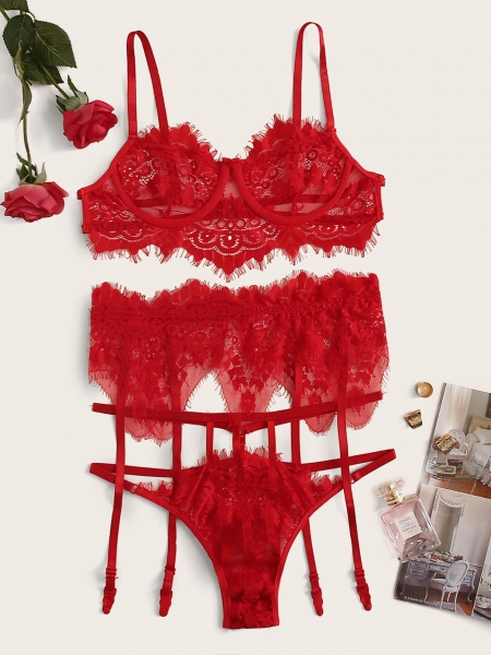 Fifi Floral Red Lace Underwire Garter Lingerie Set & Choker